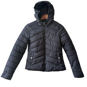 Lefties Black Quilted Puffer Jacket Hooded Coat Front Zip Outerwear Size SMALL
